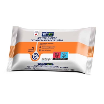 Servetele umede dezinfectante pentru maini, cu actiune bactericida si virucida, KLINALL, 70 buc Servetele umede dezinfectante pentru maini, cu actiune bactericida si virucida, KLINALL, 70 buc