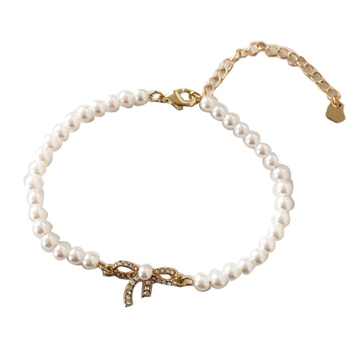 Гривна Pili-Paradise, регулируема, панделка/перли, бяло/златисто