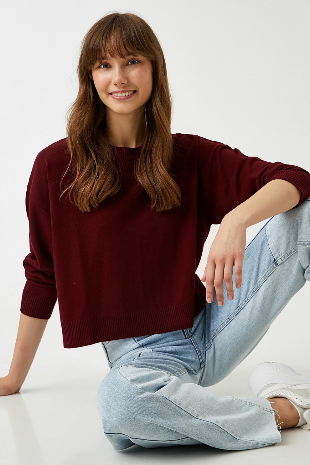 KOTON, Pulover tricotat fin cu maneci cazute, Visiniu