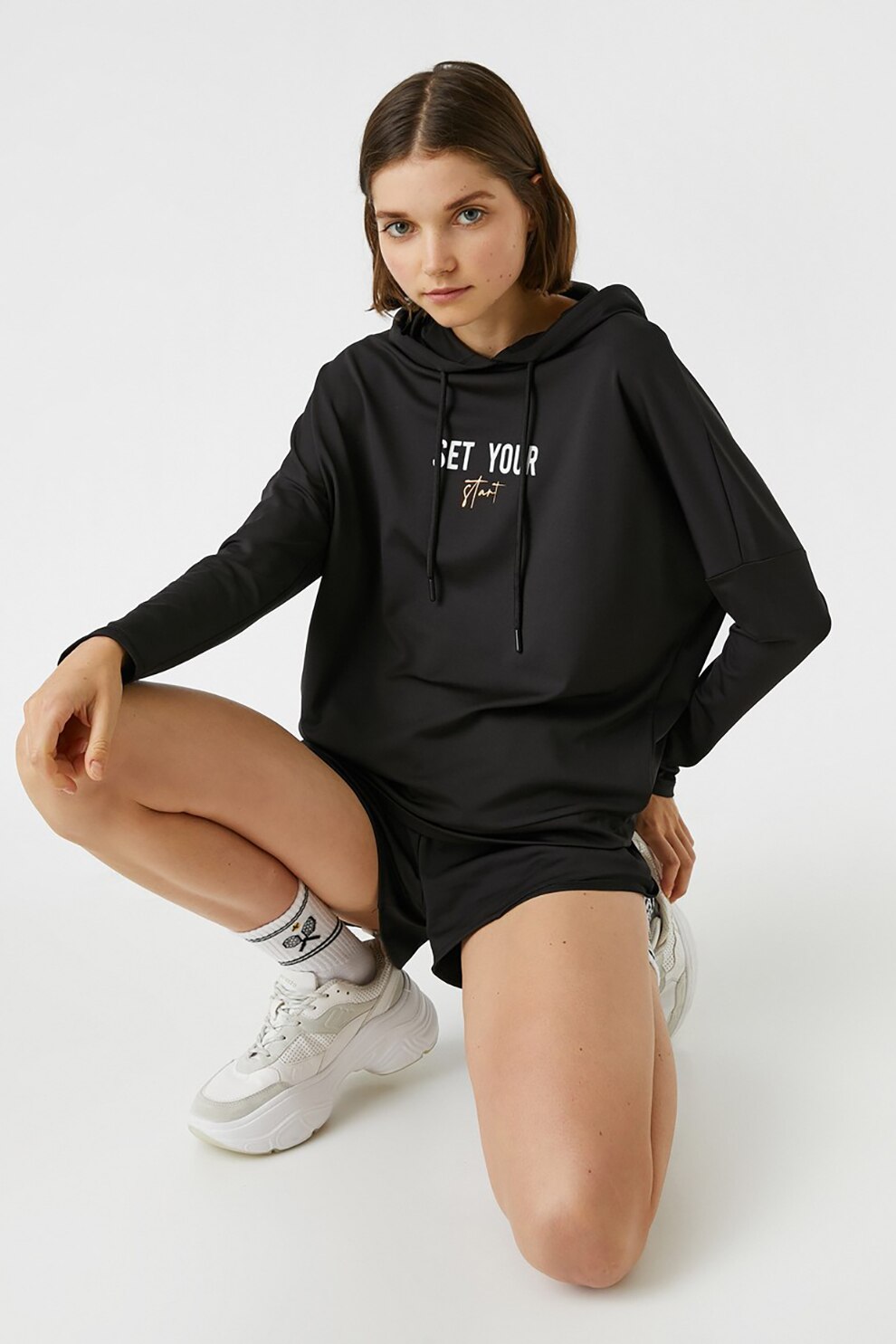 KOTON, Hanorac cu snur de ajustare si maneci cazute, Negru