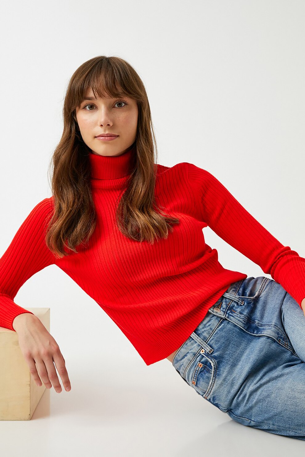 KOTON, Pulover cu guler inalt si aspect striat, Rosu