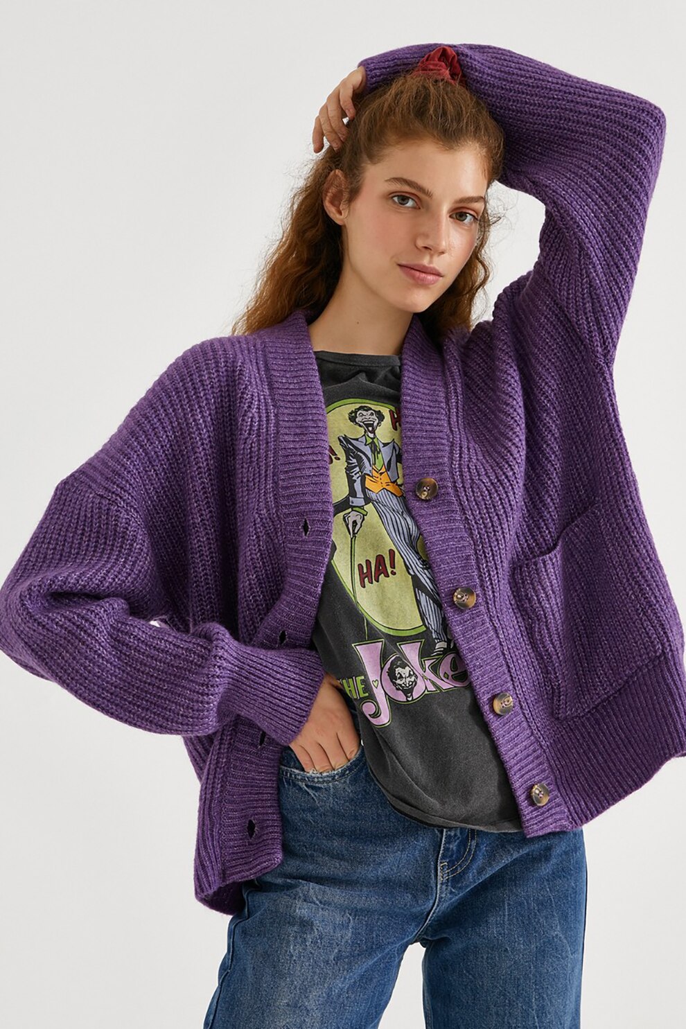 KOTON, Cardigan lejer cu decolteu in V, Violet