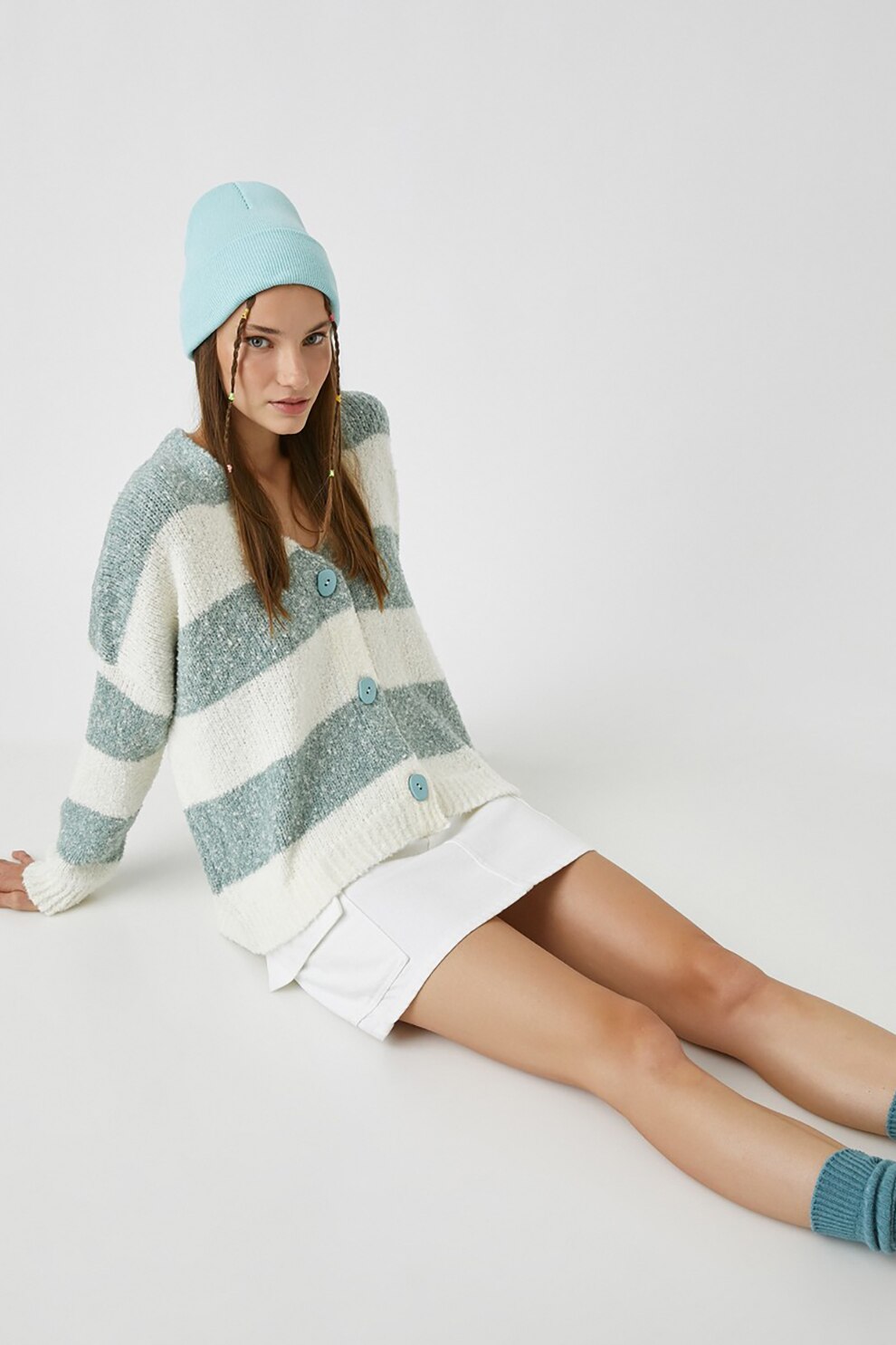 KOTON, Cardigan cu decolteu in V si model in dungi, Verde persan/alb prafuit