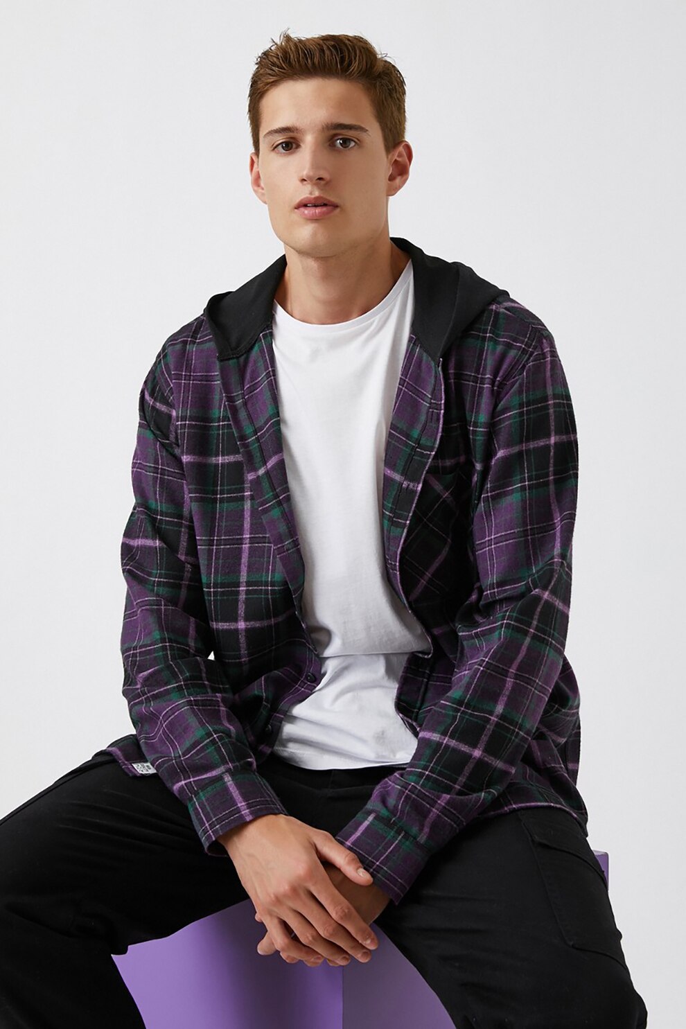 KOTON, Camasa cu gluga si model in carouri, Violet prafuit/verde