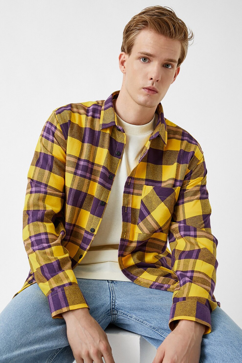 KOTON, Camasa cu model in carouri si buzunar pe piept, Galben/violet