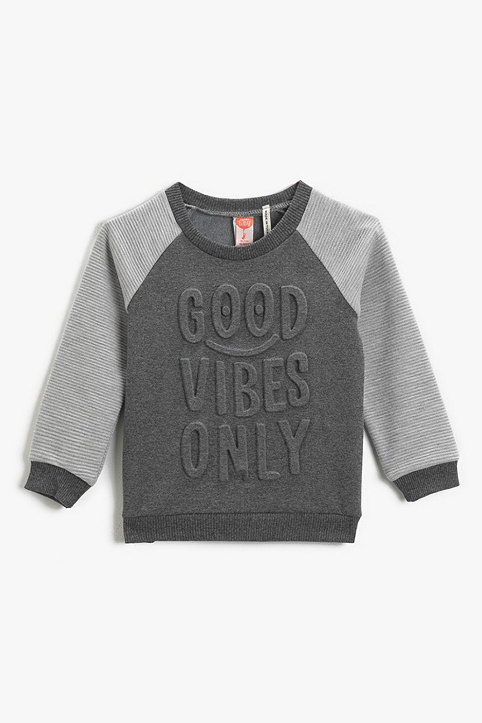 KOTON, Bluza sport cu decolteu la baza gatului si model text in relief, Gri inchis/Gri deschis