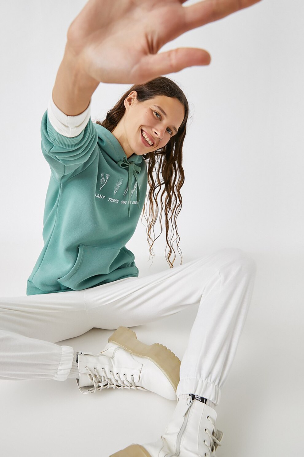 KOTON, Hanorac din amestec de bumbac cu broderie, Verde menta