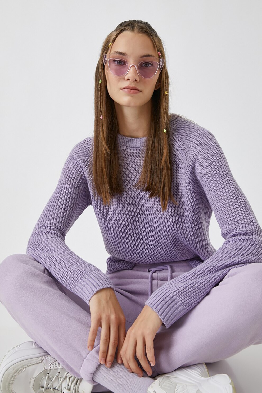 KOTON, Pulover cu maneci raglan si terminatie valurita, Violet prafuit, L