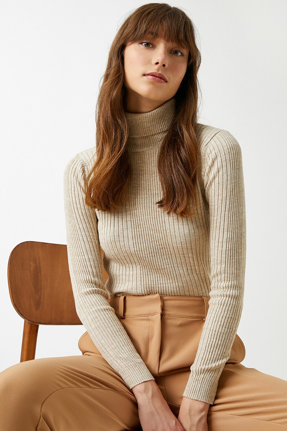 KOTON, Pulover cu guler inalt si aspect striat, Maro nisip
