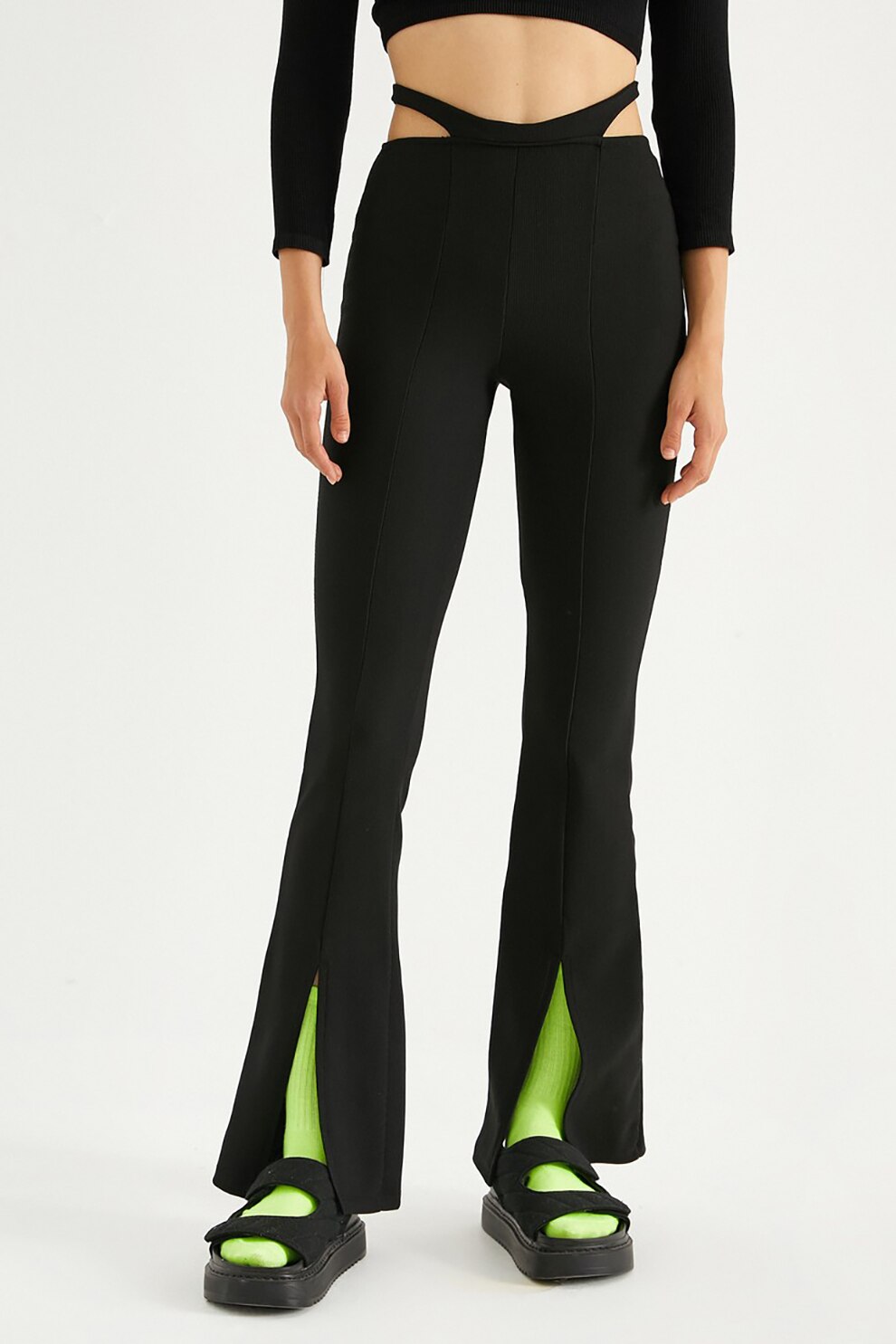 KOTON, Pantaloni cu talie inalta si aspect striat, Negru