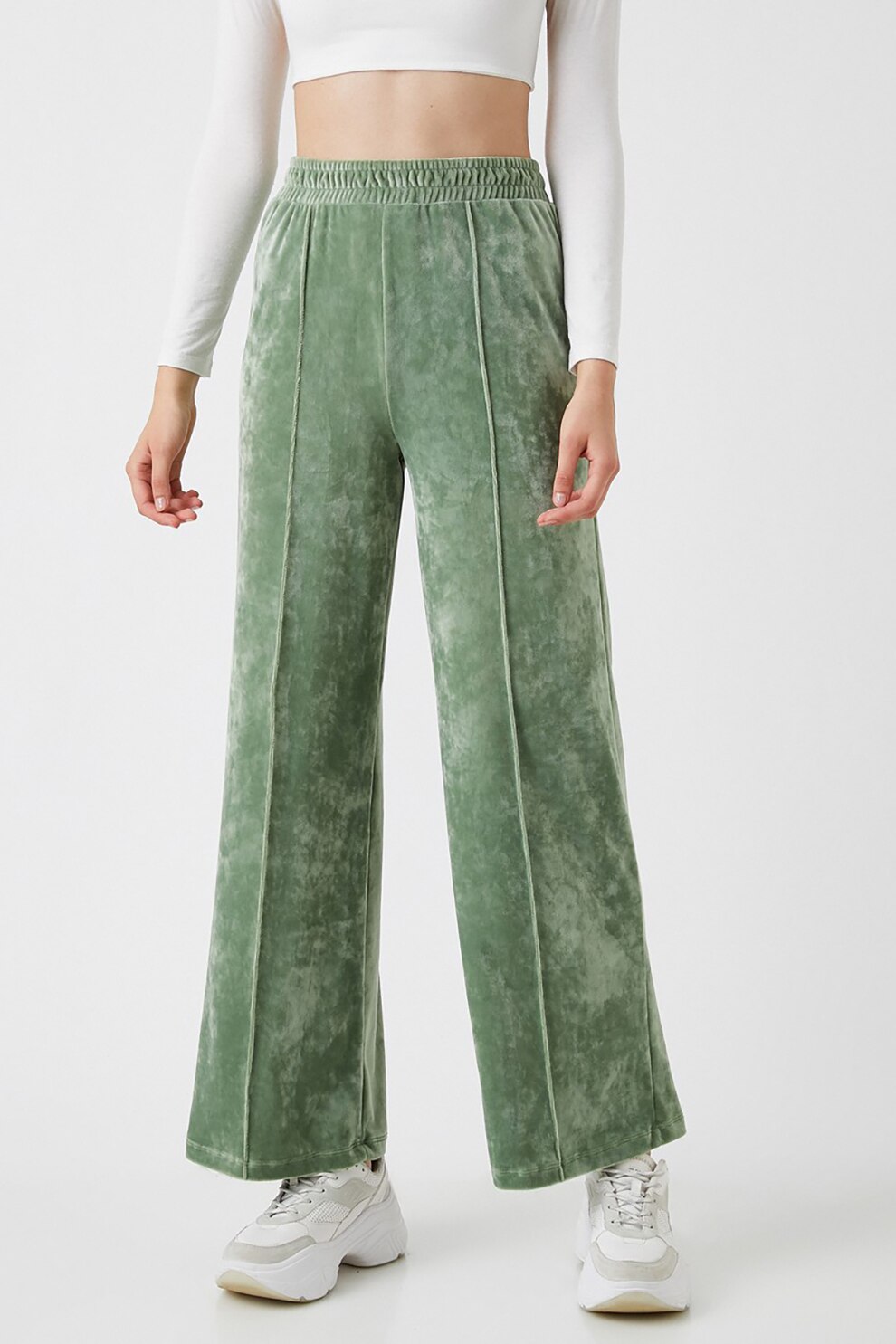 KOTON, Pantaloni cu croiala ampla si aspect catifelat, Verde sparanghel