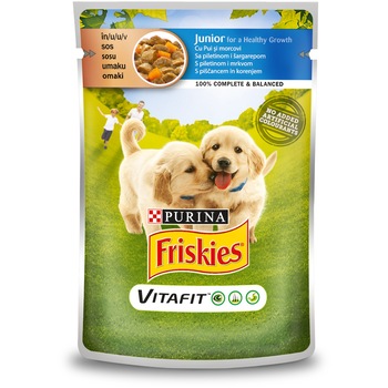 Hrana umeda pentru caini Friskies, in Aspic Junior, Pui si Morcovi, 100g Hrana umeda pentru caini Friskies, in Aspic Junior, Pui si Morcovi, 100g