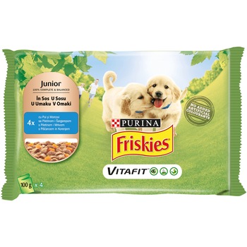 Hrana umeda pentru caini Friskies, Multipack Junior, Pui si Morcovi, 4x100g Hrana umeda pentru caini Friskies, Multipack Junior, Pui si Morcovi, 4x100g