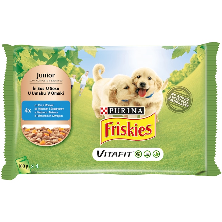 Мокра храна за кучета Friskies, Multipack Junior, Пилешко и моркови, 4x100 гр