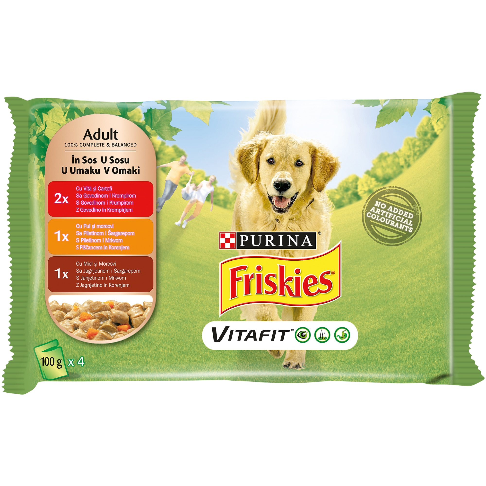 Hrana umeda pentru caini Friskies, Multipack Pui, Vita si Miel, 4x100g
