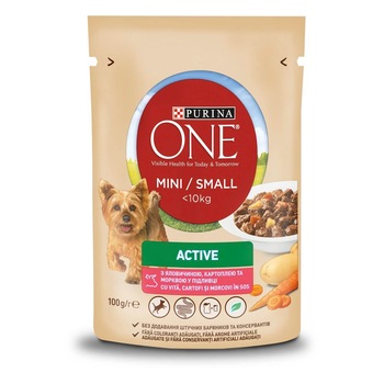 Hrana umeda pentru caini Purina One Mini Activ, Vita & Cartofi, 100g Hrana umeda pentru caini Purina One Mini Activ, Vita & Cartofi, 100g