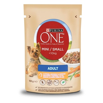 Hrana umeda pentru caini Purina One Mini Adult, Pui & Morcov, 100g Hrana umeda pentru caini Purina One Mini Adult, Pui & Morcov, 100g