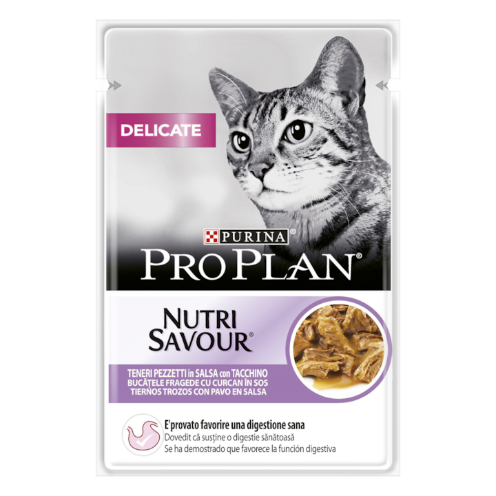 Мокра храна за котки Pro Plan Delicate Nutrisavour, Пуешко в сос, 85 гр