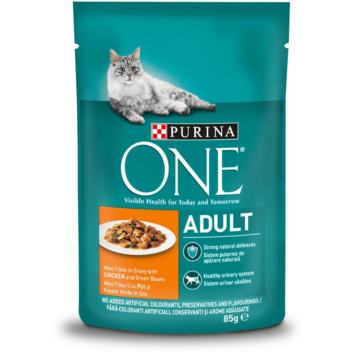 Hrana umeda pentru pisici Purina One Adult, Mini Fileuri cu Pui & Fasole Verde, In Sos, 85g