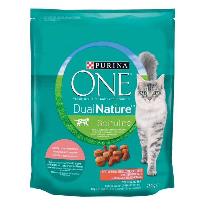Hrana uscata pentru pisici Purina One DualNature, Adult, Sterilized, Somon, 750 gr