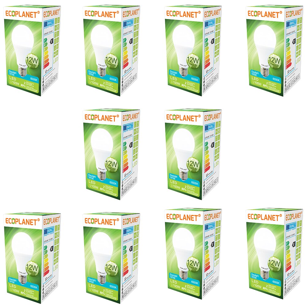 Set 10 buc - Bec LED Ecoplanet, E27, 12W (100W), 1140 LM, F, lumina rece 6500K, Mat