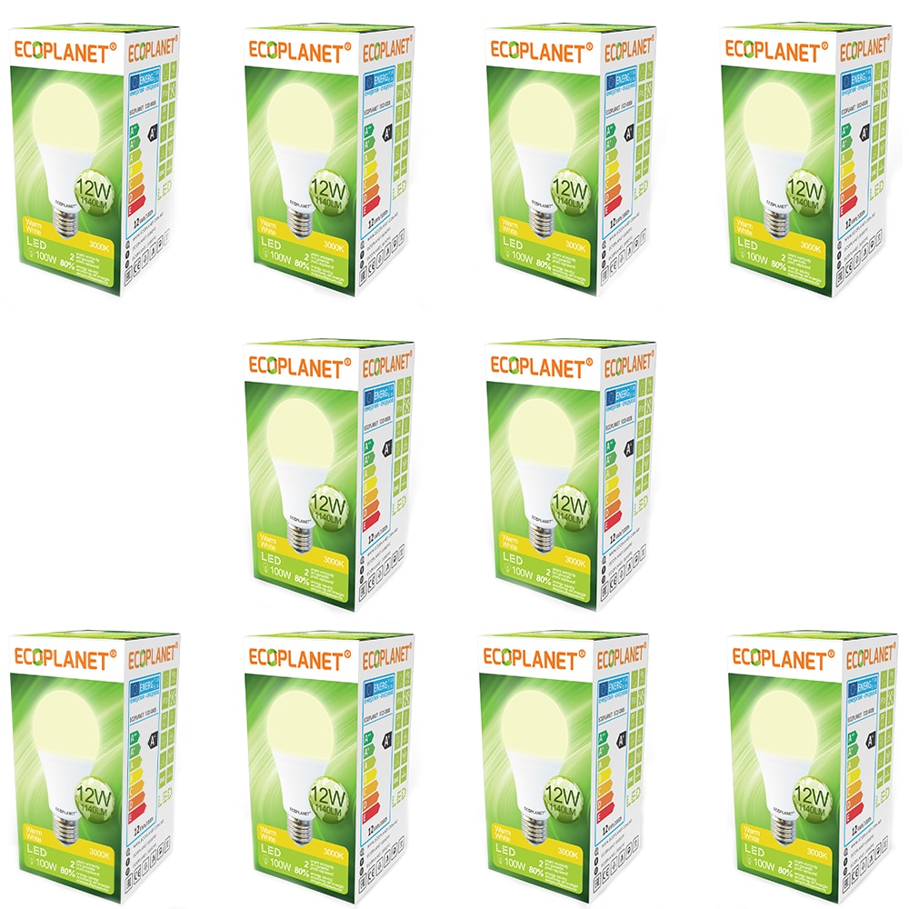 Set 10 buc - Bec LED Ecoplanet, E27, 12W (100W), 1140 LM, F, lumina calda 3000K, Mat