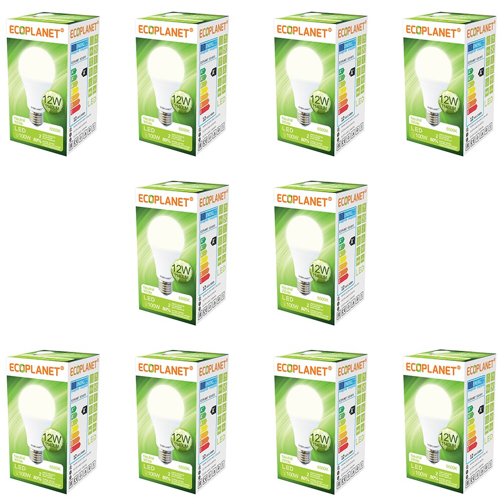 Set 10 buc - Bec LED Ecoplanet, E27, 12W (100W), 1140 LM, F, lumina neutra 4000K, Mat