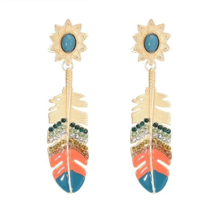 Cercei aurii, forma de pana, cu pietre, Kenno C4, Pursehuit