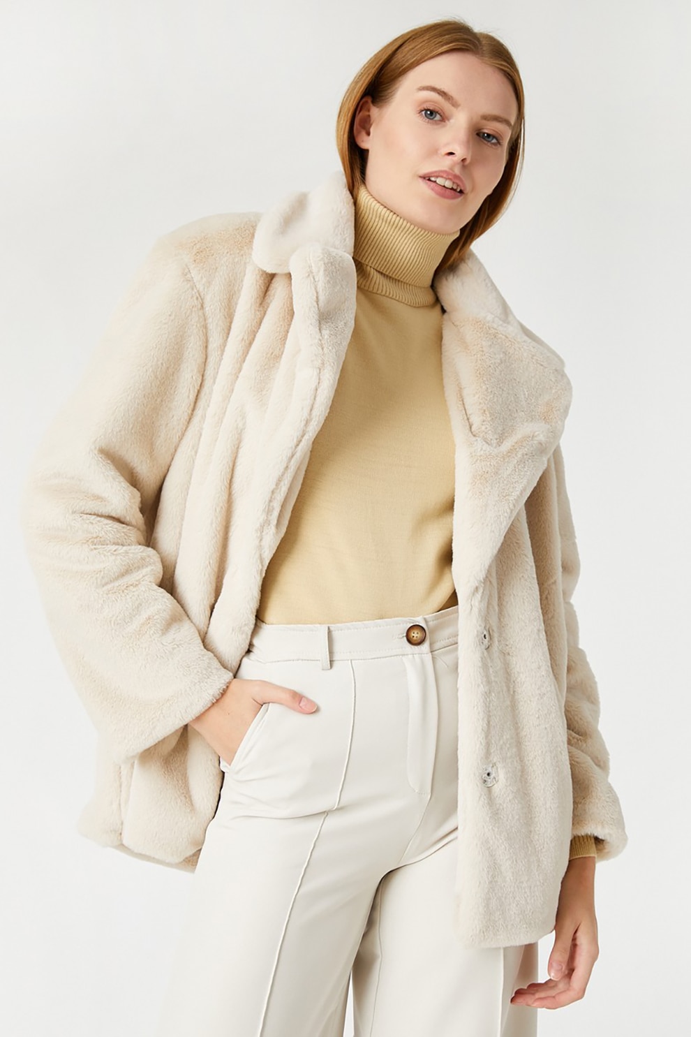 KOTON, Haina de blana sintetica cu revere decupate, Alb prafuit