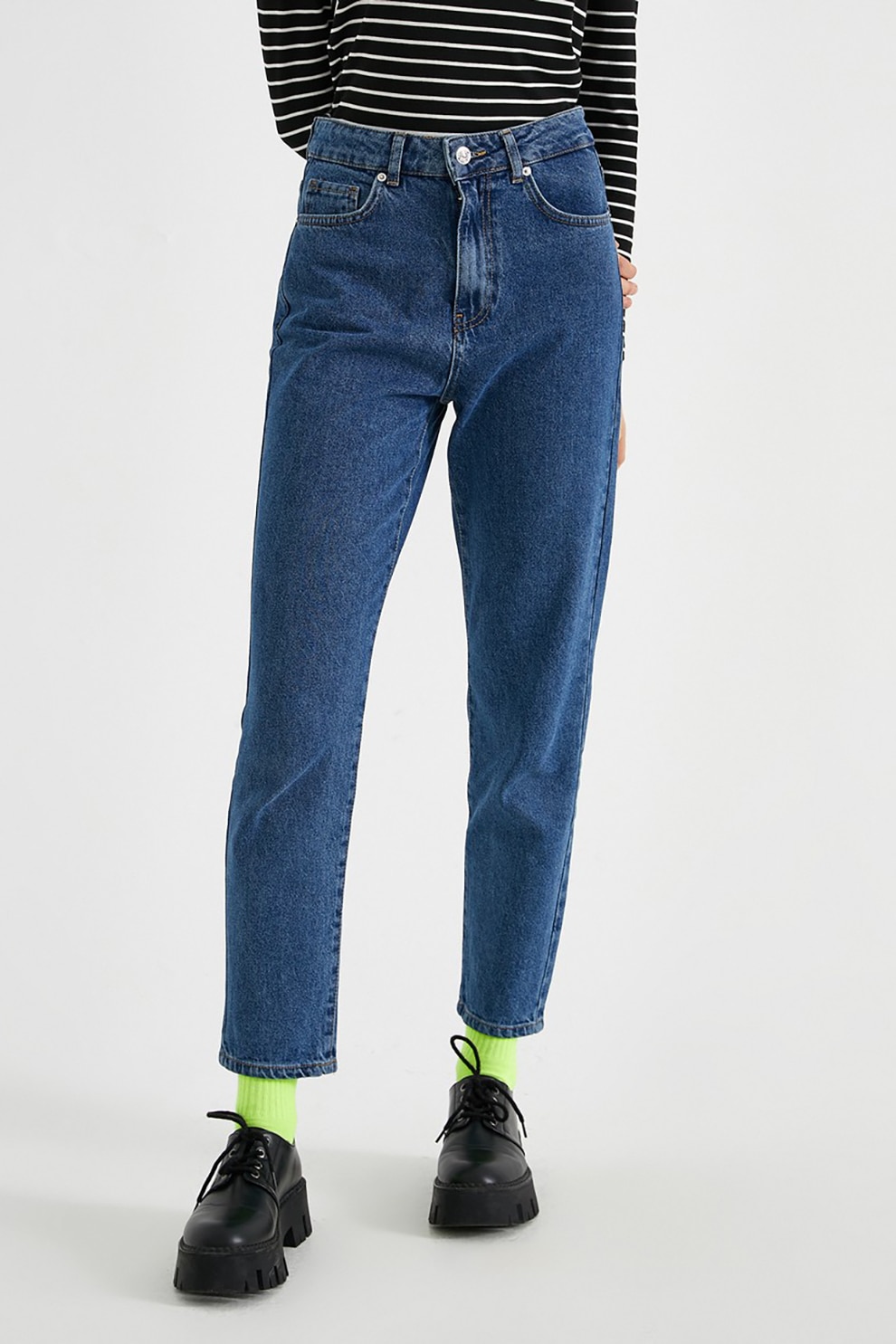 KOTON, Blugi mom fit cu talie inalta, Albastru inchis