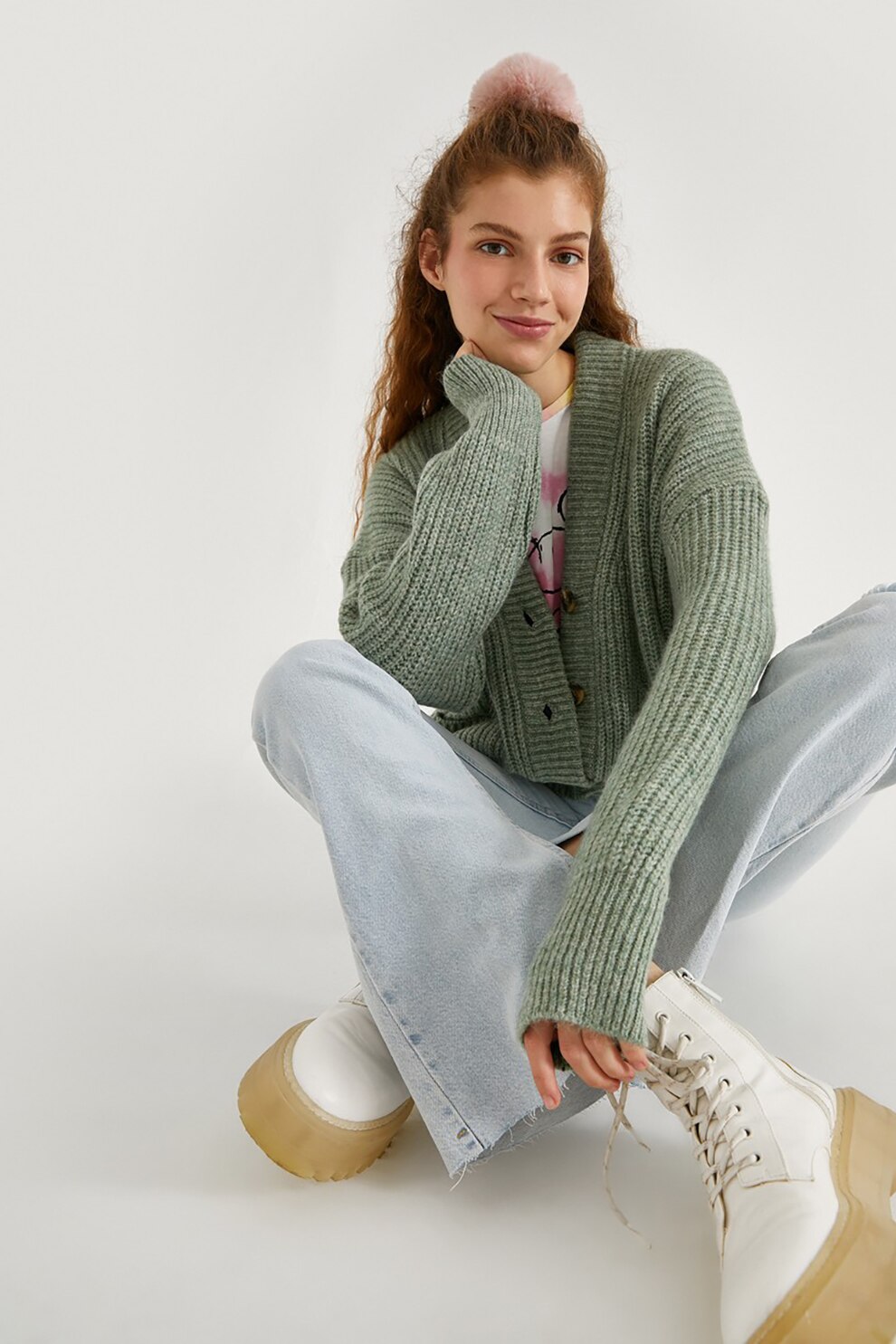 KOTON, Cardigan lejer cu decolteu in V, Verde feriga