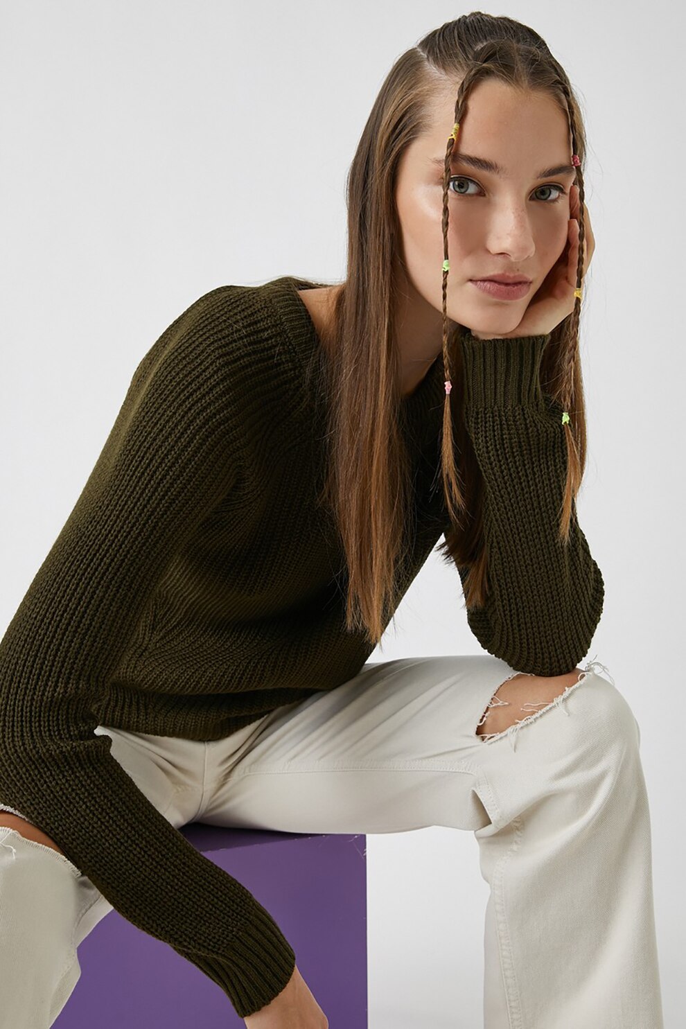 KOTON, Pulover cu maneci raglan si terminatie valurita, Verde militar