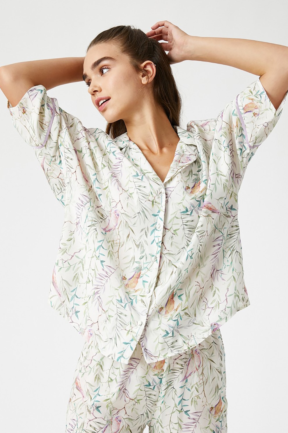 KOTON, Bluza de pijama cu imprimeu floral, Alb prafuit/Verde pal