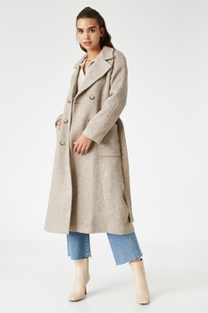 KOTON, Palton cu doua randuri de nasturi si revere decupate, Maro nisip KOTON, Palton cu doua randuri de nasturi si revere decupate, Maro nisip