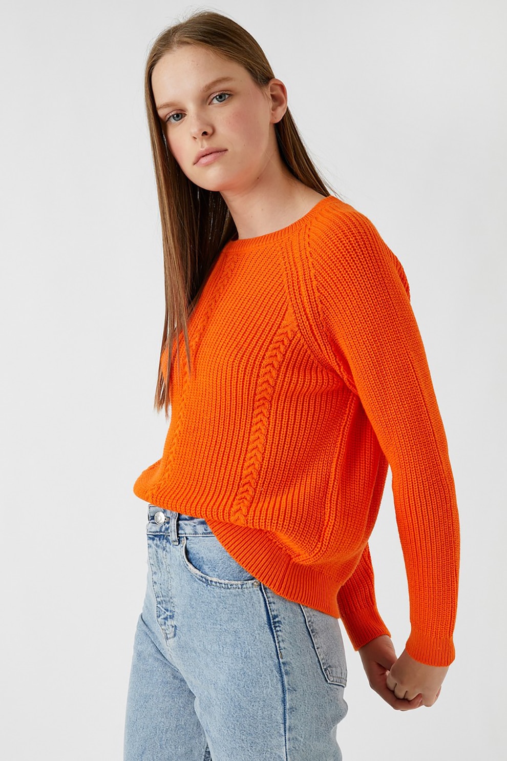 KOTON, Pulover cu decolteu la baza gatului si detalii cu model torsade, Oranj mandarina