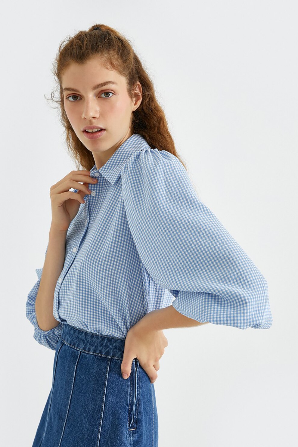 KOTON, Camasa crop in carouri cu maneci bufante, Albastru deschis