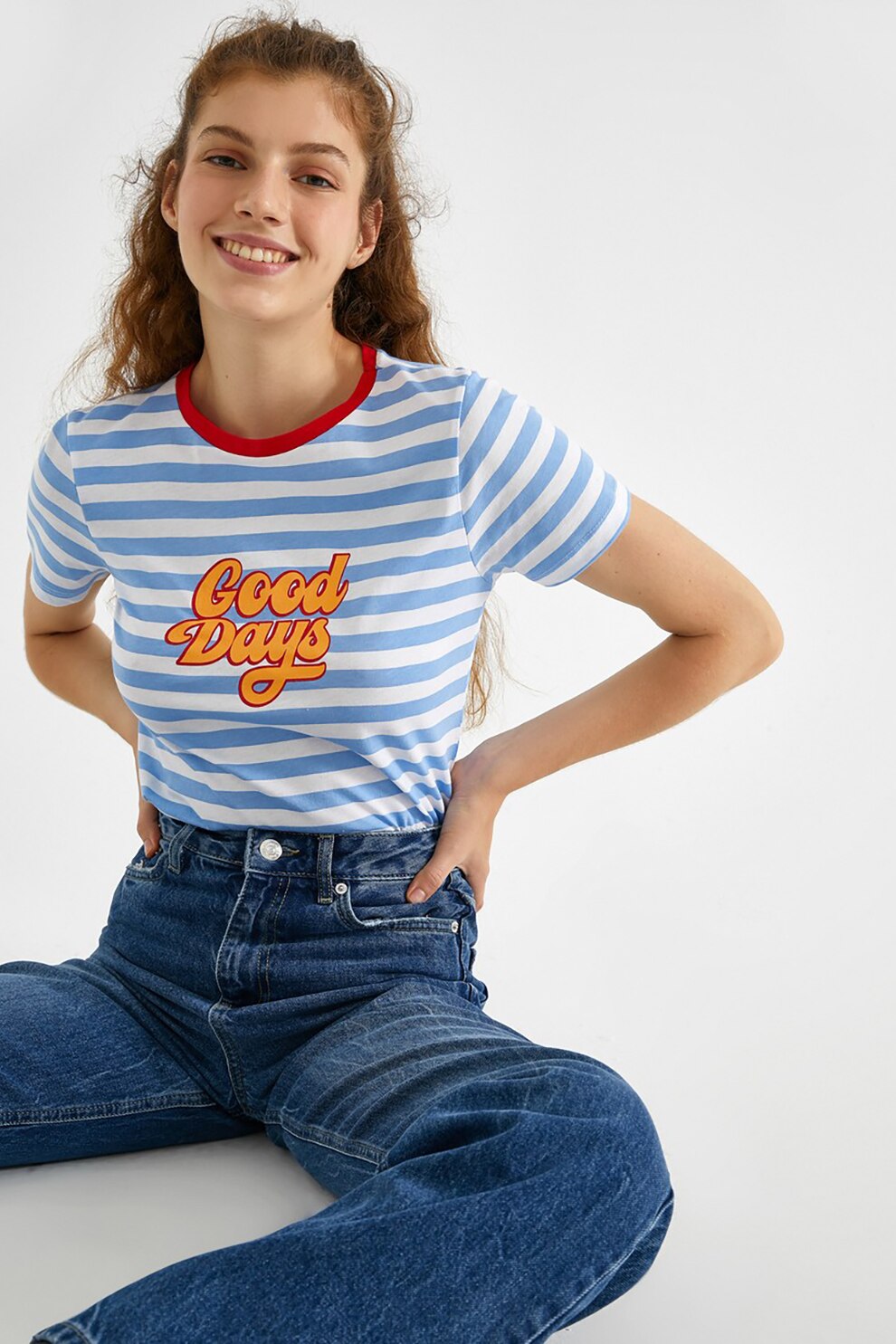 KOTON, Tricou cu model in dungi si imprimeu text, Bleu/Alb/Oranj