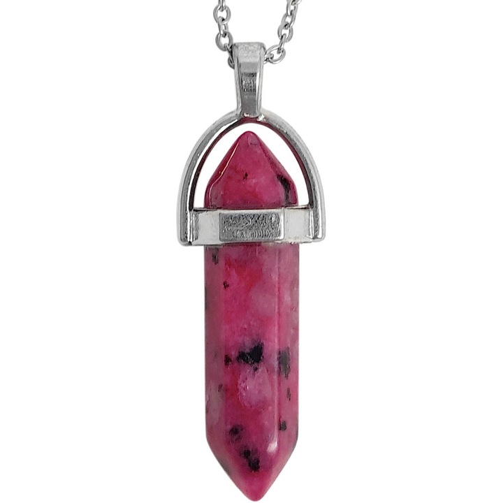 Pandantiv Rodonit, piatra anti stres si eliminarea fricilor, set cu snur cauciucat, femei si barbati, cristal dublu varf, 34 mm rosu