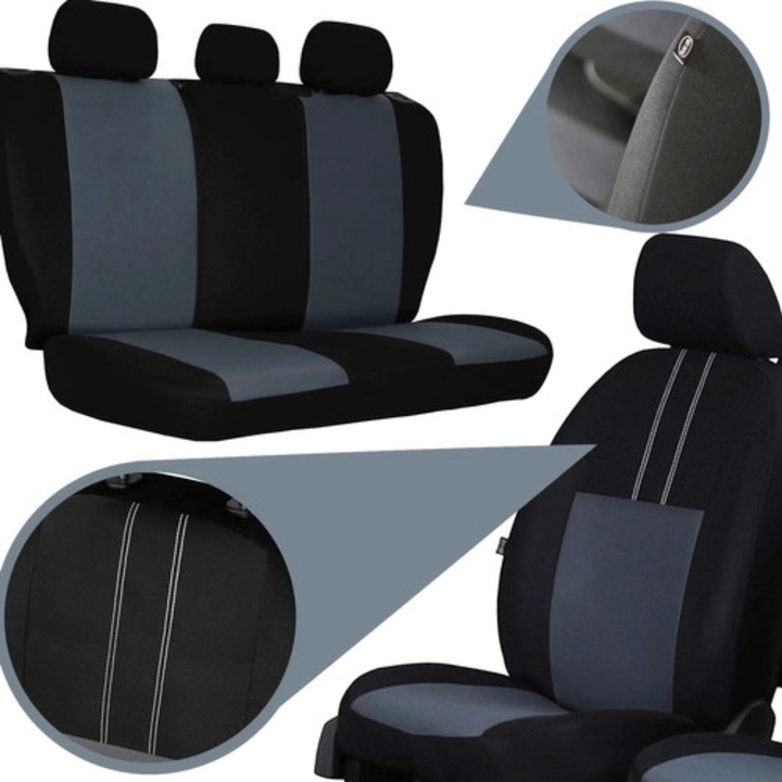 Set Huse Scaune Auto Pok-Ter Economic din Material Textil Frotir, 9 Piese Universale, Culoare Gri, Compatibile Airbag