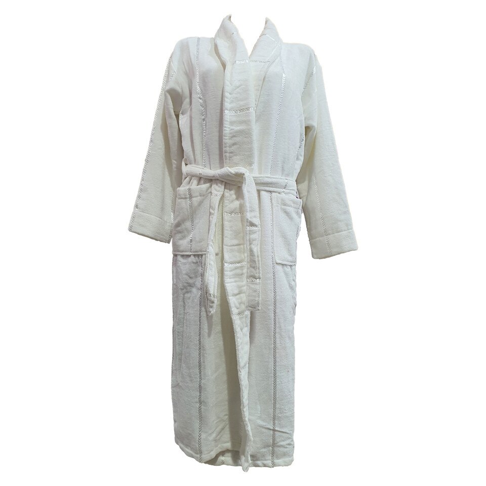 Halate baie, model White01, unisex, cu fir alb, bumbac, buzunare, cordon, alb, L