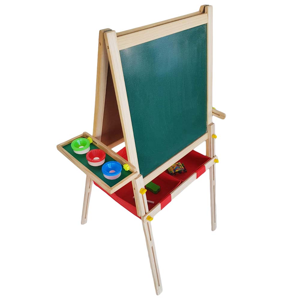 Tabla magnetica cu doua fete, litere, cifre, tetris si accesorii, pahare si 2 cosuri textile pentru depozitare 120x54cm, din lemn, WD3022 RCO®