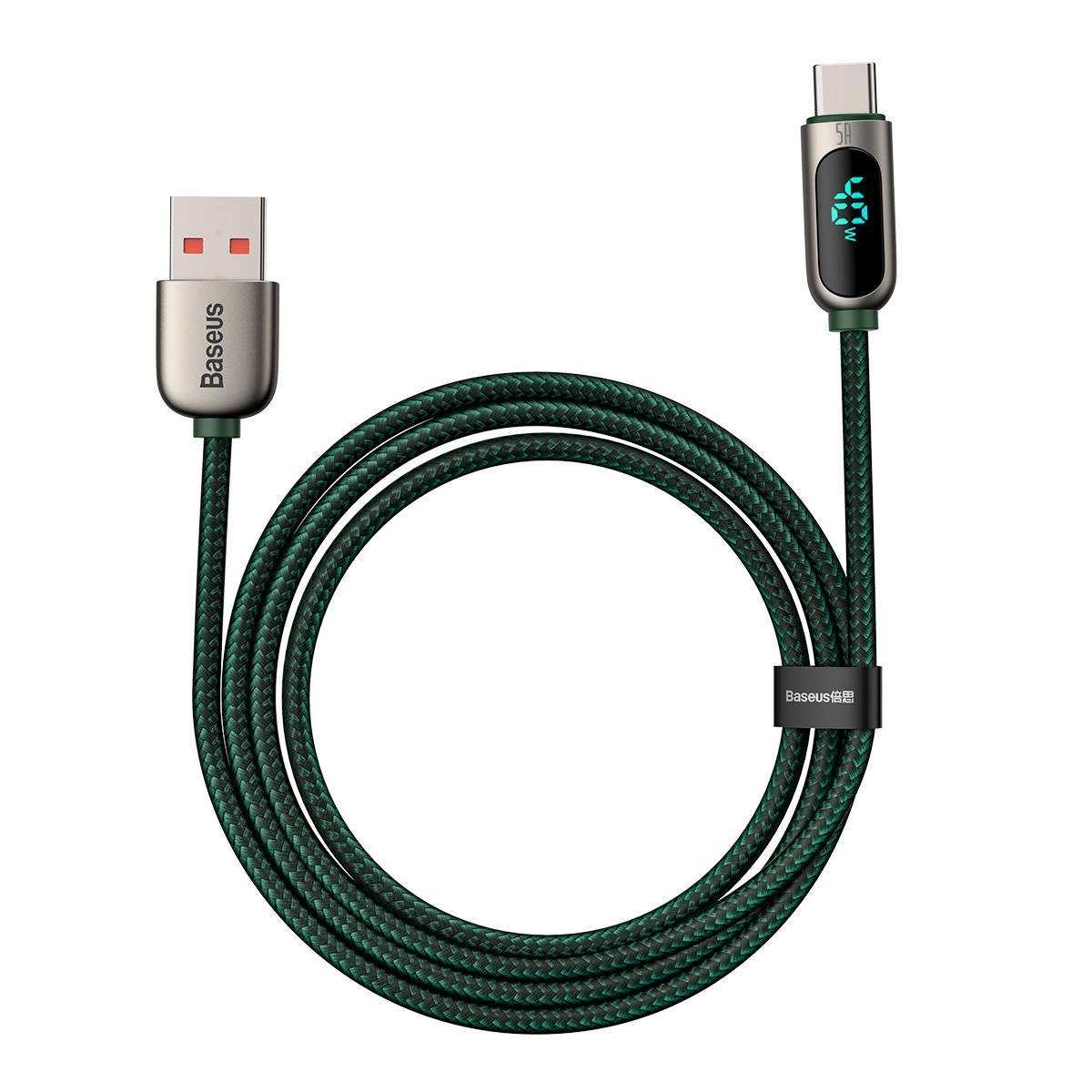 Cablu de date, Baseus, CATSK-05, USB la USB-C, Fast Charge, 40 W, 5 A, Display afisaj tensiune, Lungime 1 m, Verde, Tip snur din nailon