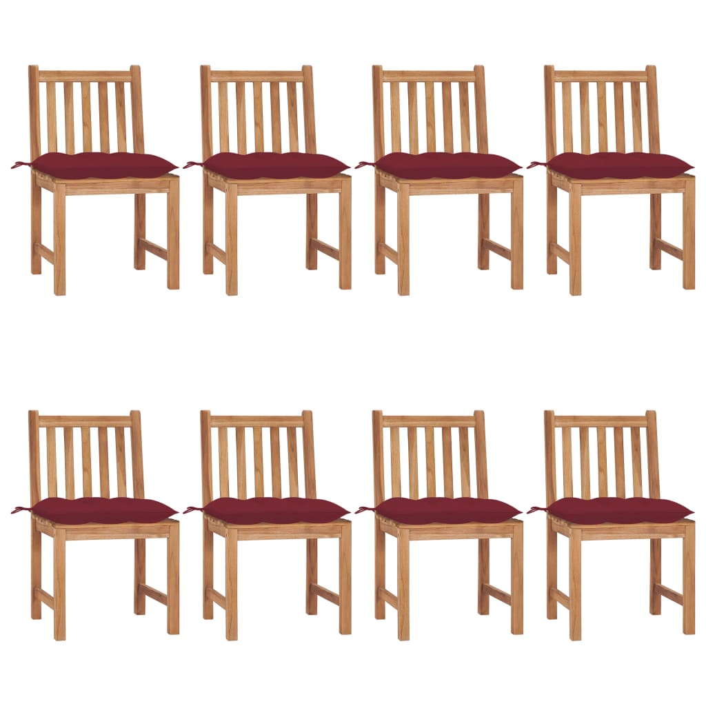 Set de 8 scaune de exterior din lemn cu perne vidaXL, Lemn, 50 x 53 x 90 cm, perna 7 cm, Maro/Rosu vin