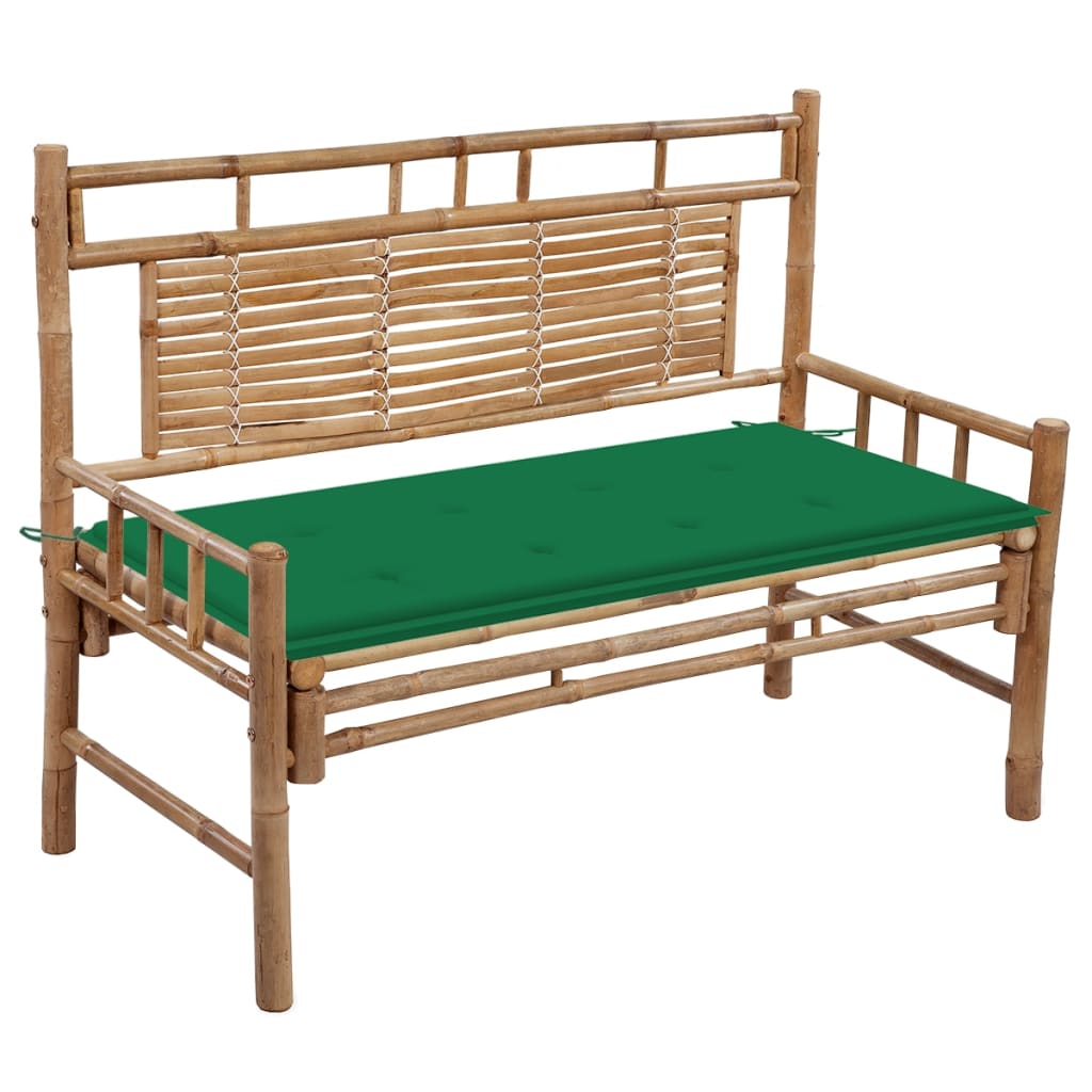 Banca de gradina din bambus cu spatar cu perna vidaXL, Bambus, 120 x 55 x 90 cm, perna 4 cm, Maro/Verde