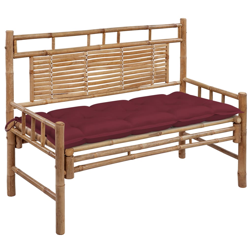 Banca de gradina din bambus cu spatar cu perna vidaXL, Bambus, 120 x 55 x 90 cm, perna 7 cm, Maro/Rosu vin