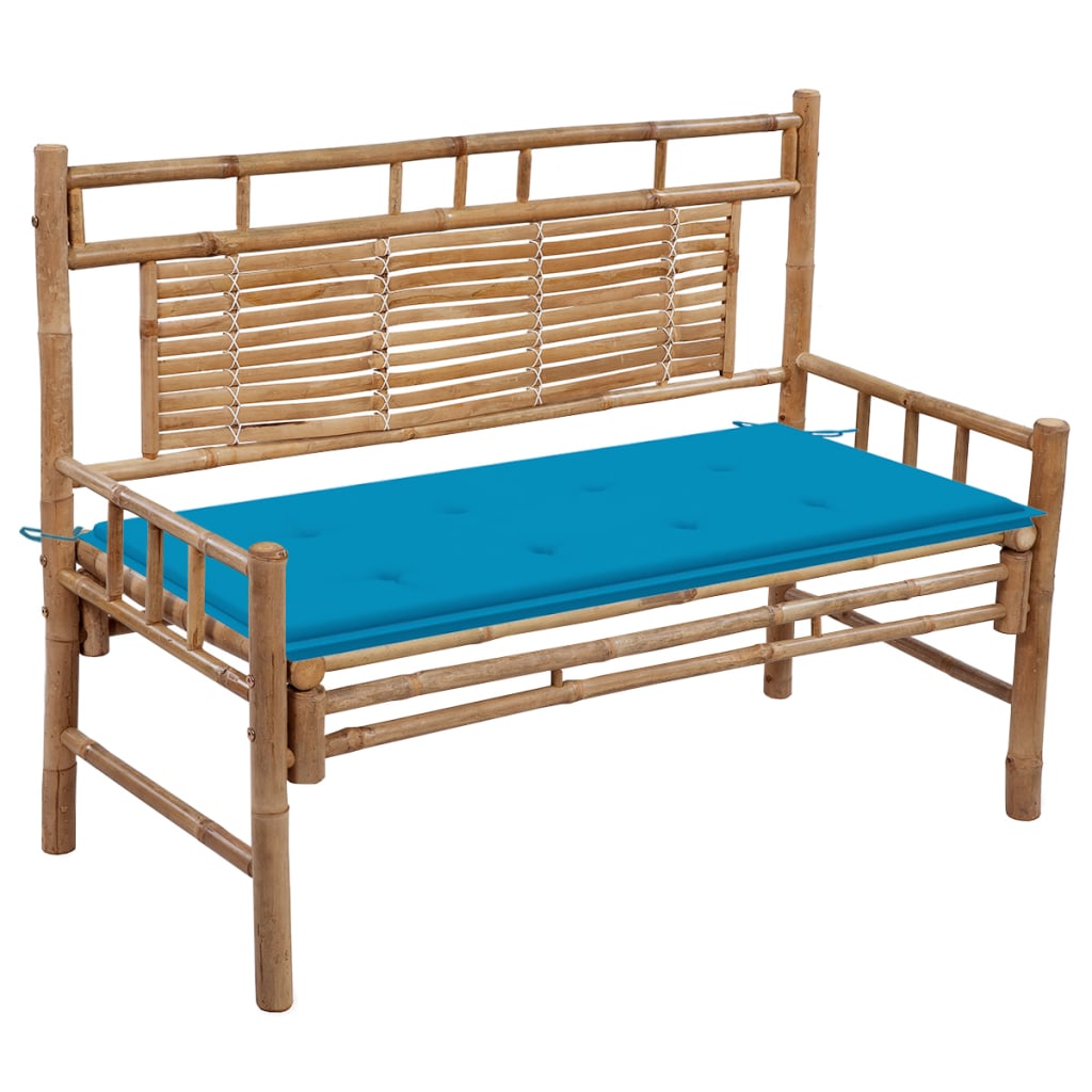 Banca de gradina din bambus cu spatar cu perna vidaXL, Bambus, 120 x 55 x 90 cm, perna 4 cm, Maro/Albastru deschis