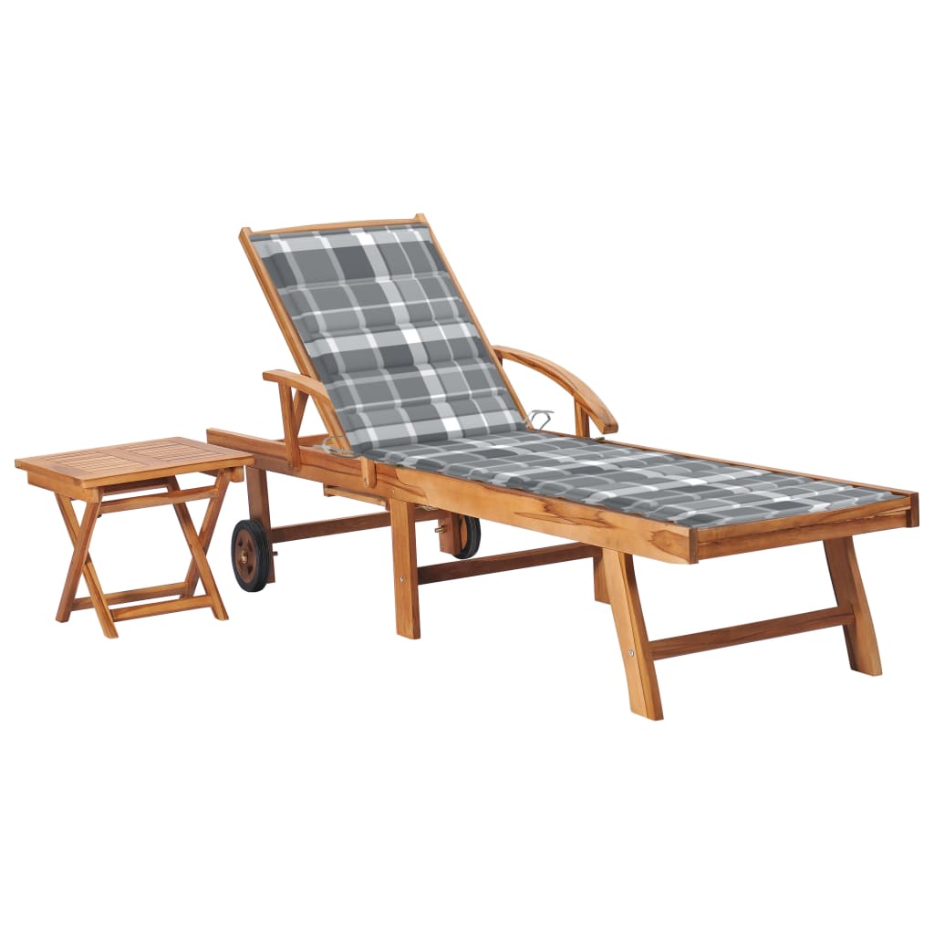 Set sezlong cu perna si masa, maro/gri lemn masiv de tec 3063035 195 x 59,5 x 35 cm