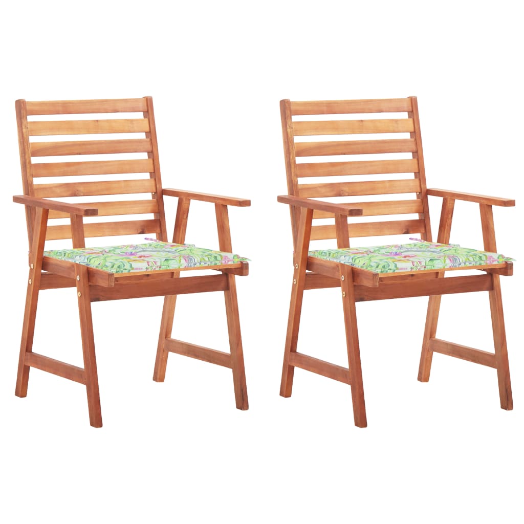 Set de 2 scaune de exterior, vidaXL, Lemn de acacia-Poliester, 56 x 62 x 92 cm, Maro/Perne model tropical
