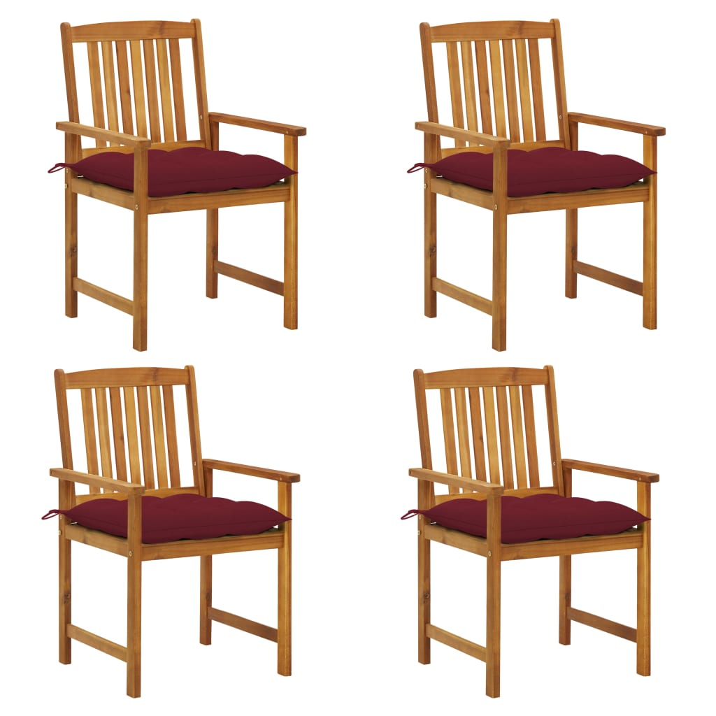 Set de 4 scaune de regizor, cu perne, vidaXL, Lemn de acacia, 61 x 57 x 92 cm, 7 cm, Maro/Perne rosu vin