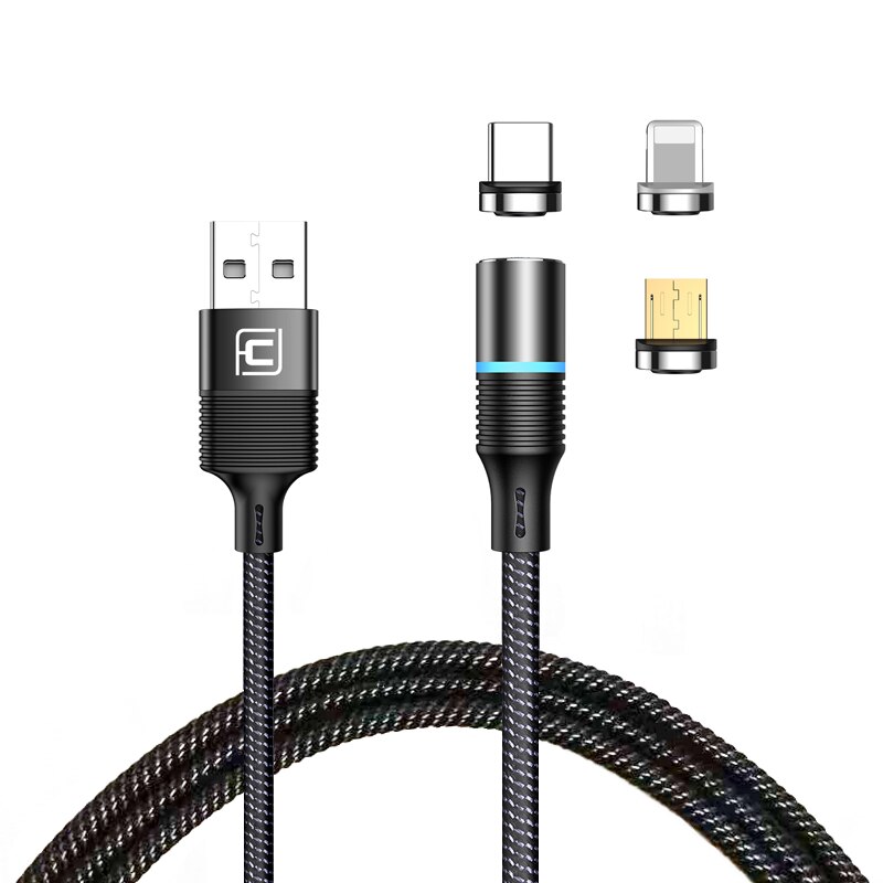 Cablu de date 3 in 1 CAFELE, magnetic, Type-C + Lightning + Micro USB, incarcare rapida, 3A, imbracat in nailon, 2m, Negru